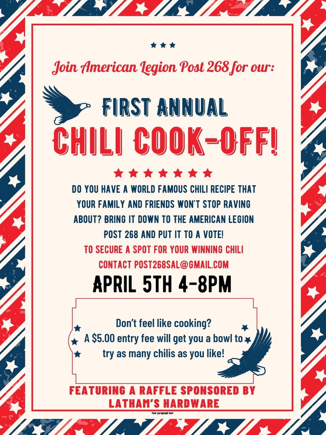 The First Annual Legion Chili Cookout@ american legion