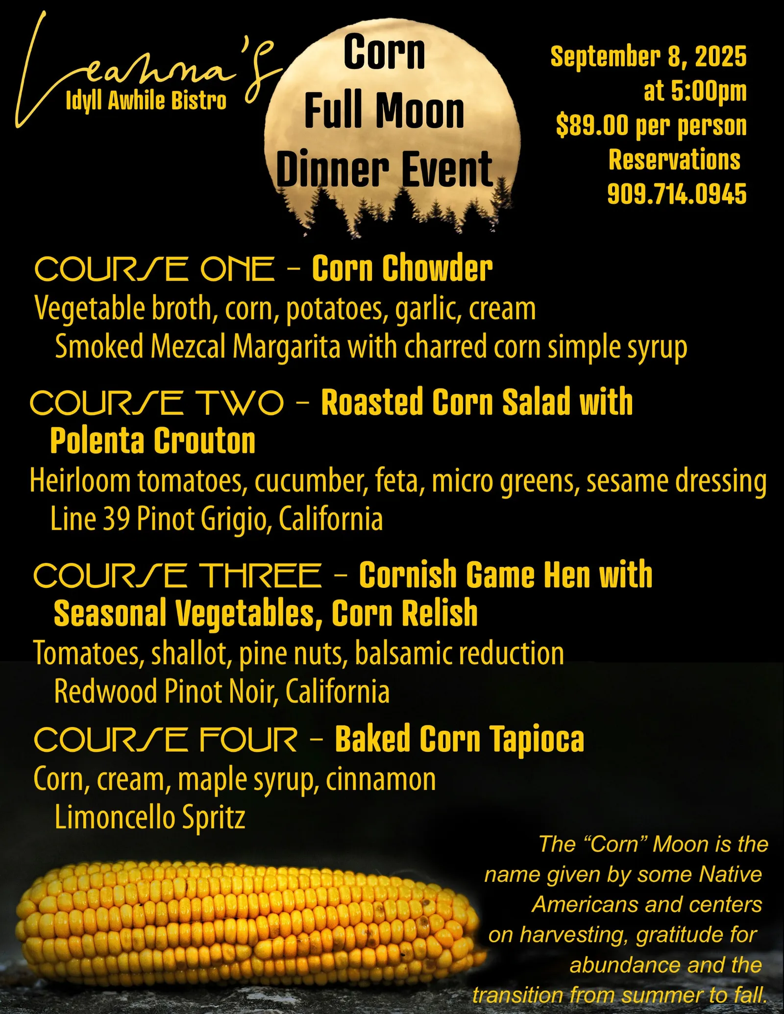 corn full moon dinner event@ leanna's idyll awhile and Bistro