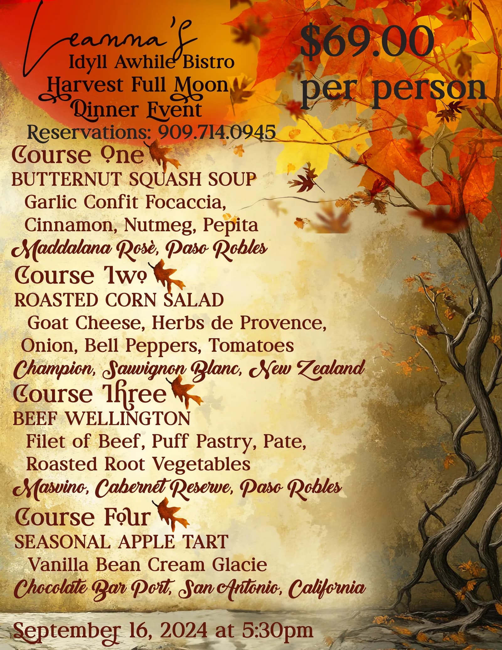 harvest full moon dinner@ leanna's idyll awhile bistro