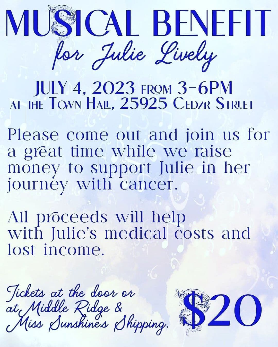 Musical benefit for Julie Lively@Town Hall