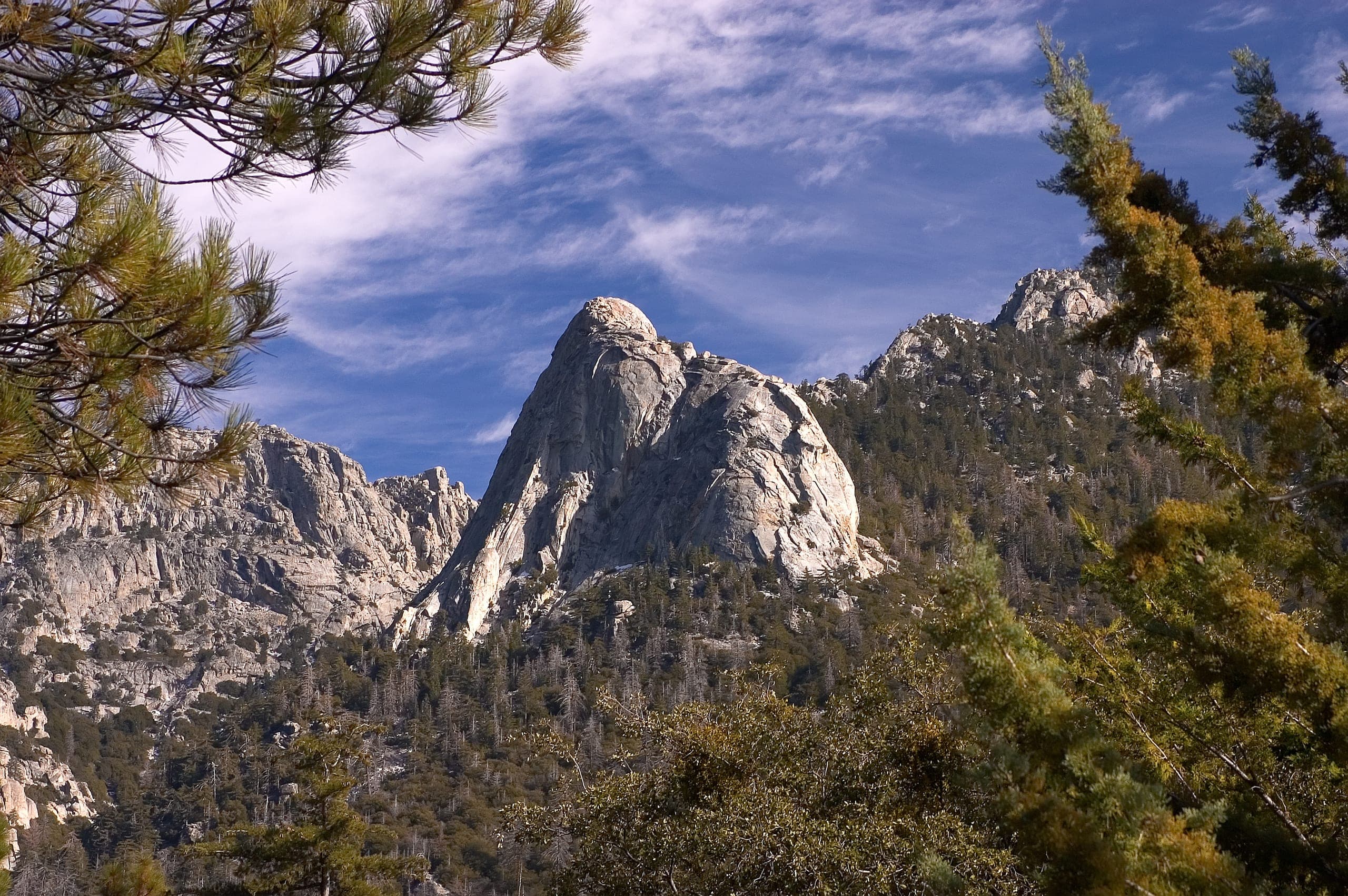 Tahquitz Rock’s granite dome above forested slopes, framed by pine boughs under a streaked blue sky