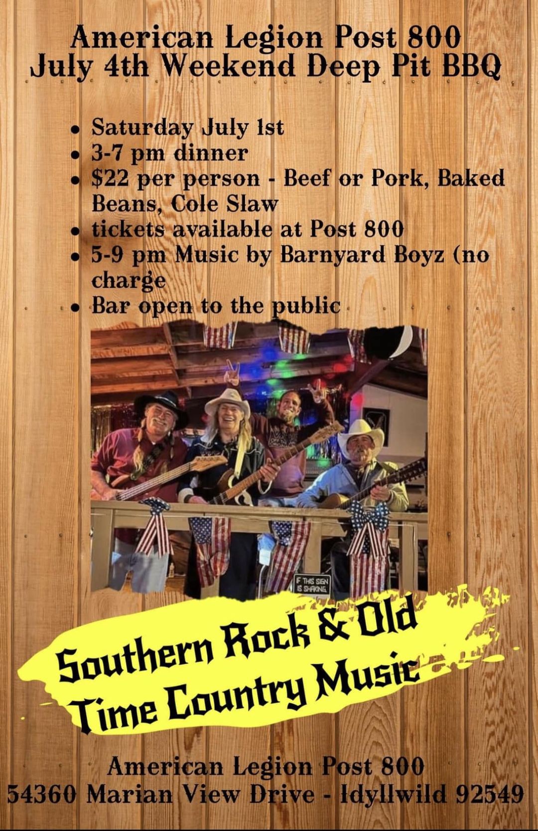4th of July weekend annual deep pit barbecueAmerican legion Idyllwild